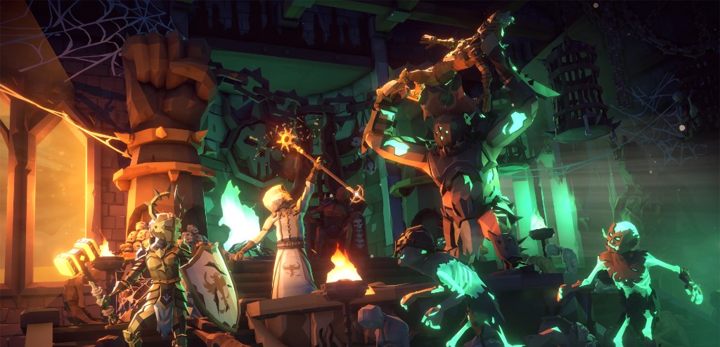 Heroes battling creatures on the steps of a glowing stronghold