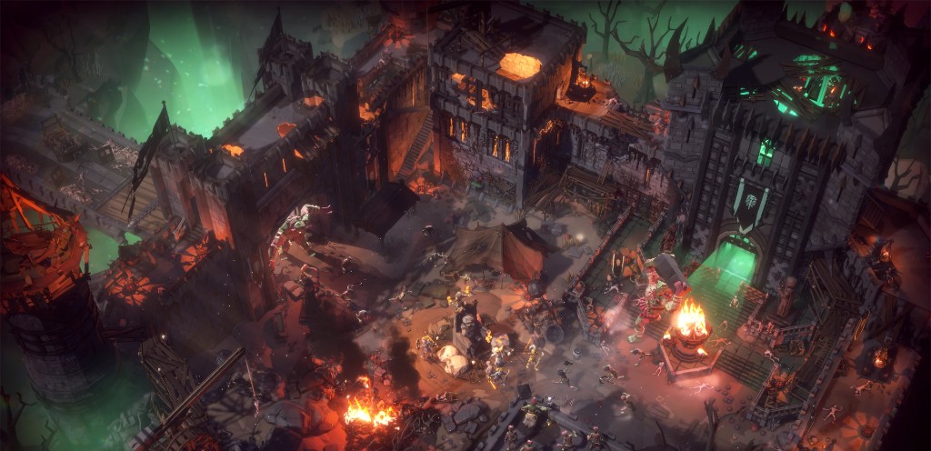 Isometric view of a bustling dark fortress courtyard