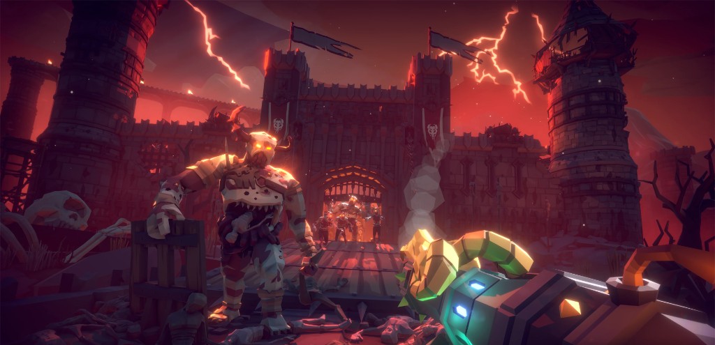 A fiery red fortress struck by lightning with warriors facing off