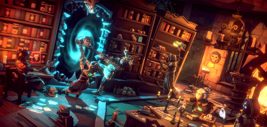 A character stepping through a swirling blue portal in a candlelit library