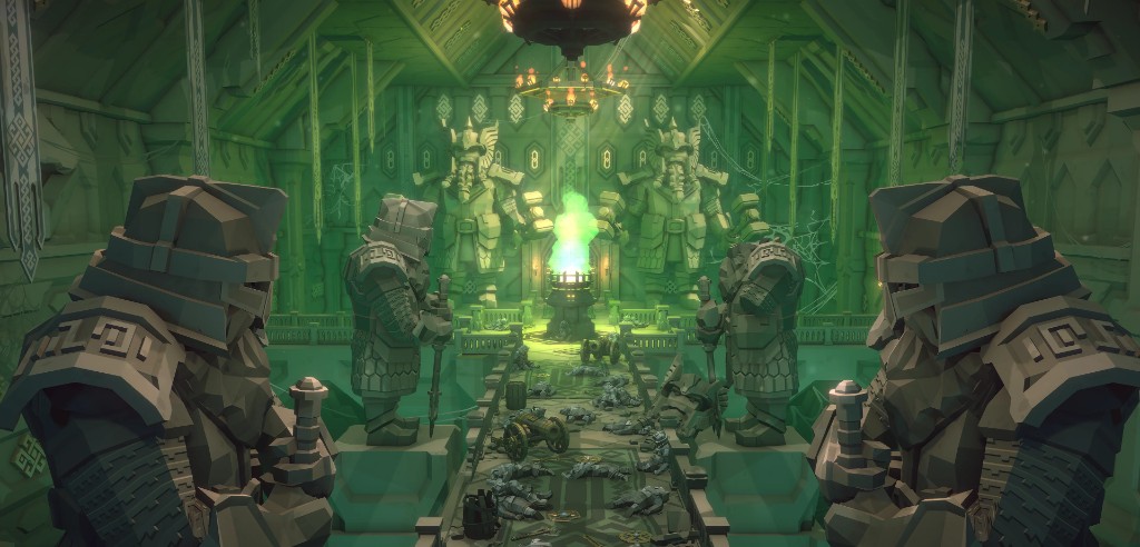 An ancient hall lined with stone statues and a glowing arcane altar