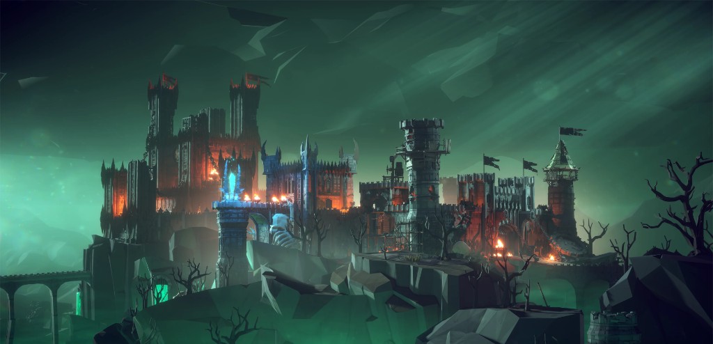 A sprawling dark fortress complex glowing beneath an eerie green sky