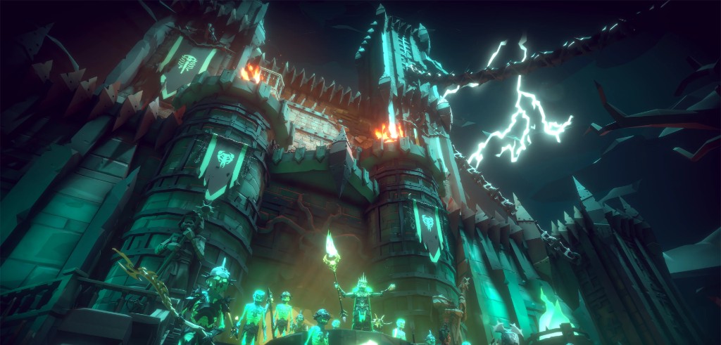 A towering fortress gate crackling with lightning