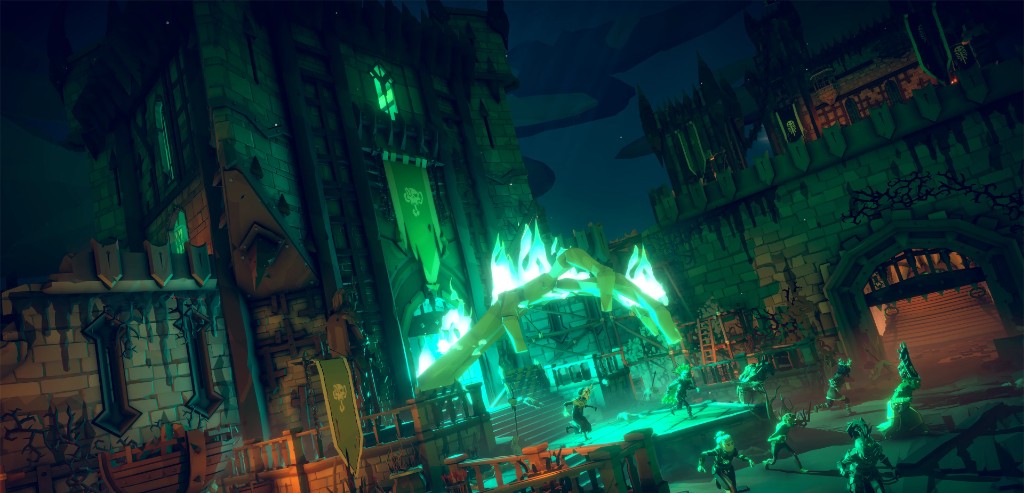 Fortress courtyard with a blazing green portal archway