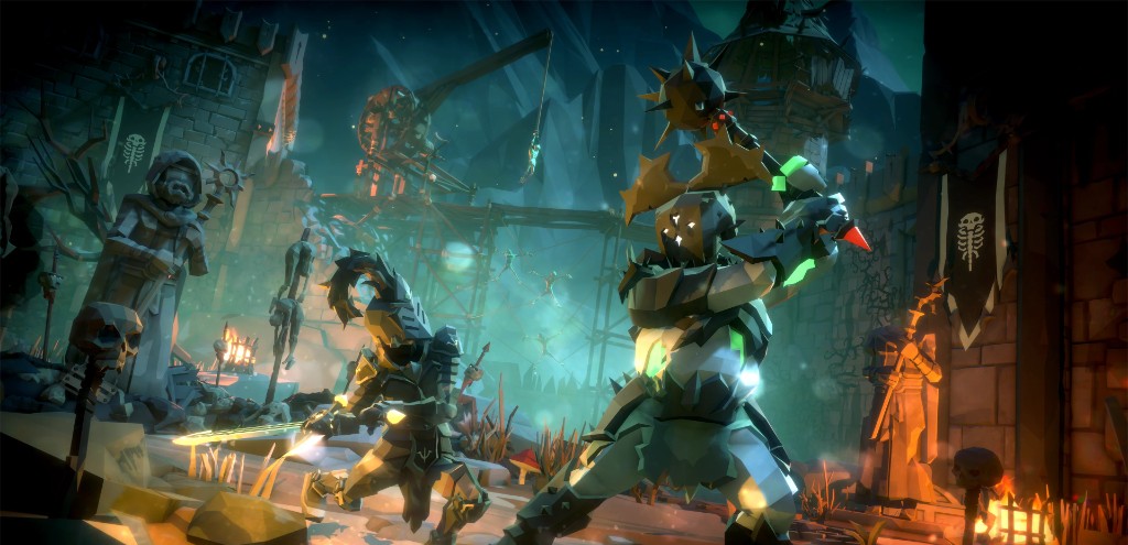 Warriors clashing with a towering armored beast in dark ruins